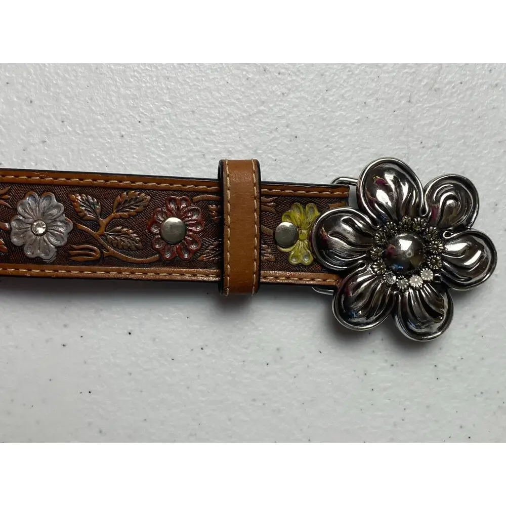 Vintage Nocona Girls Size 18 Leather Floral Painted Belt Silver Floral Buckle
